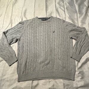 Nautica Men's Light Gray Cable Knit Crewneck Sweater 100% Cotton Large casual